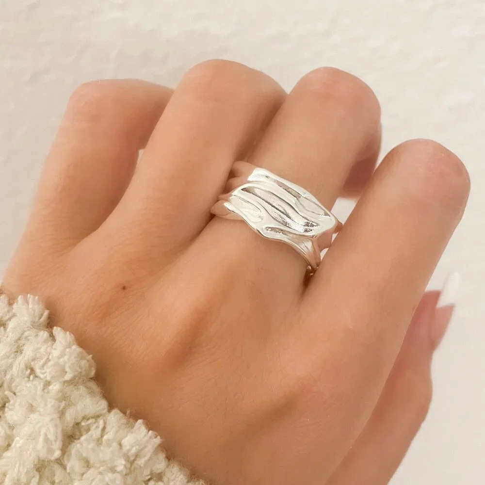925 Sterling Silver Chunky Ring Thick Ring Band Wavy Ring Textured Ring - Picture 5 of 11